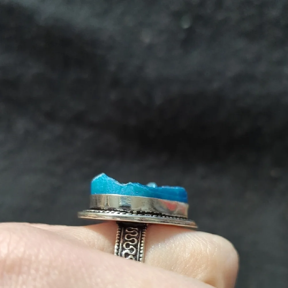 Silver Plated Blue Agate Druzy Gemstone Teardrop Statement Ring - Size 9